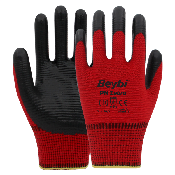 Beybi PN Zebra Polyester Örme Nitril Eldiven NO: 10 - Çift - Kırmızı