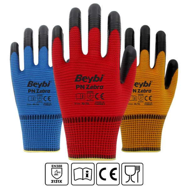 Beybi PN Zebra Polyester Örme Nitril Eldiven NO: 9 - Çift - Turuncu