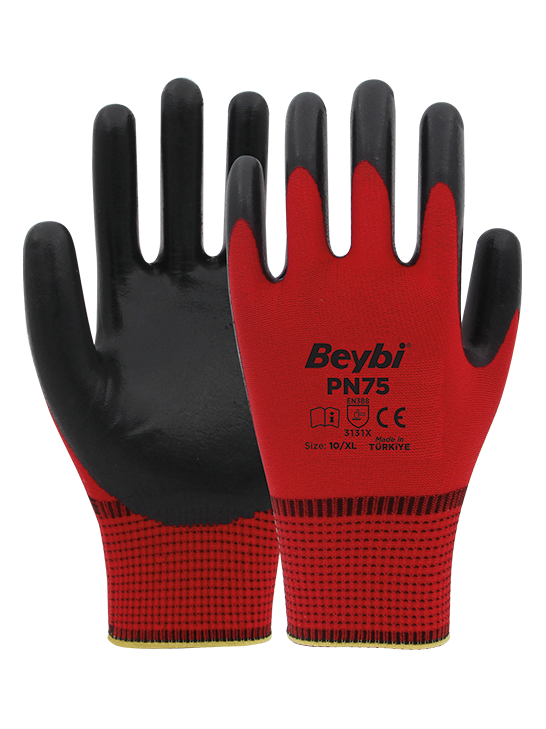 Beybi PN75 Polyester Örme Nitril Eldiven NO: 9 - Kırmızı - Çift