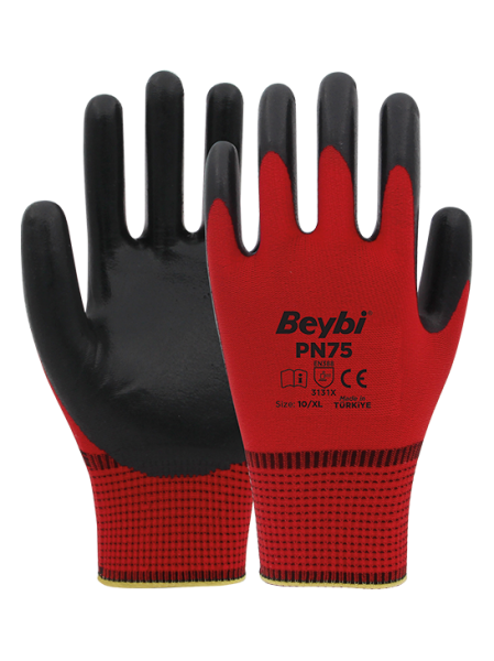 Beybi PN75 Polyester Örme Nitril Eldiven NO: 9 - Kırmızı - Çift
