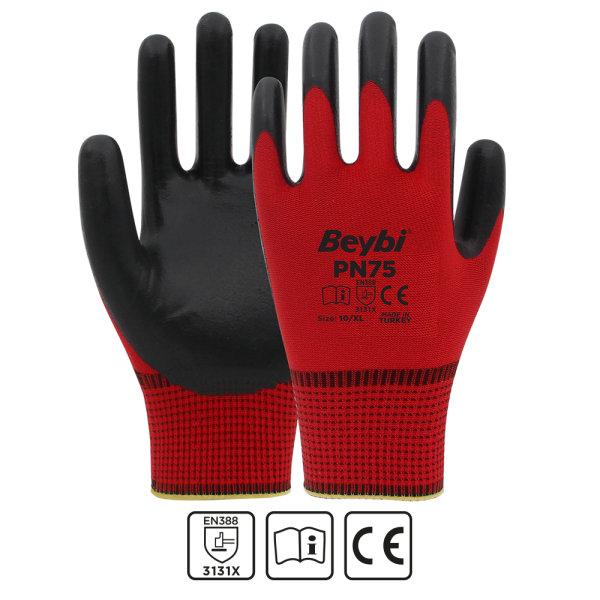 Beybi PN75 Polyester Örme Nitril Eldiven NO: 9 - Kırmızı - Çift