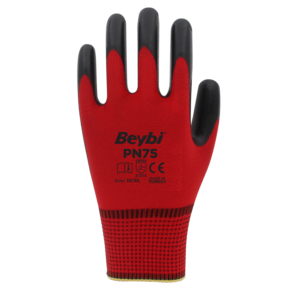 PN75 Polyester Örme Nitril Eldiven NO: 9 - Kırmızı - Çift