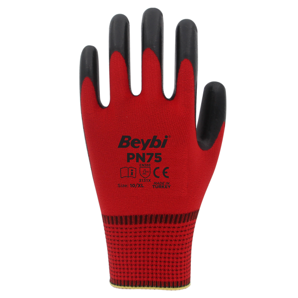 Beybi PN75 Polyester Örme Nitril Eldiven NO: 9 - Kırmızı - Çift