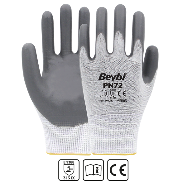 Beybi PN72 Polyester Örme Nitril Eldiven NO: 9 - Çift - Beyaz\Gri