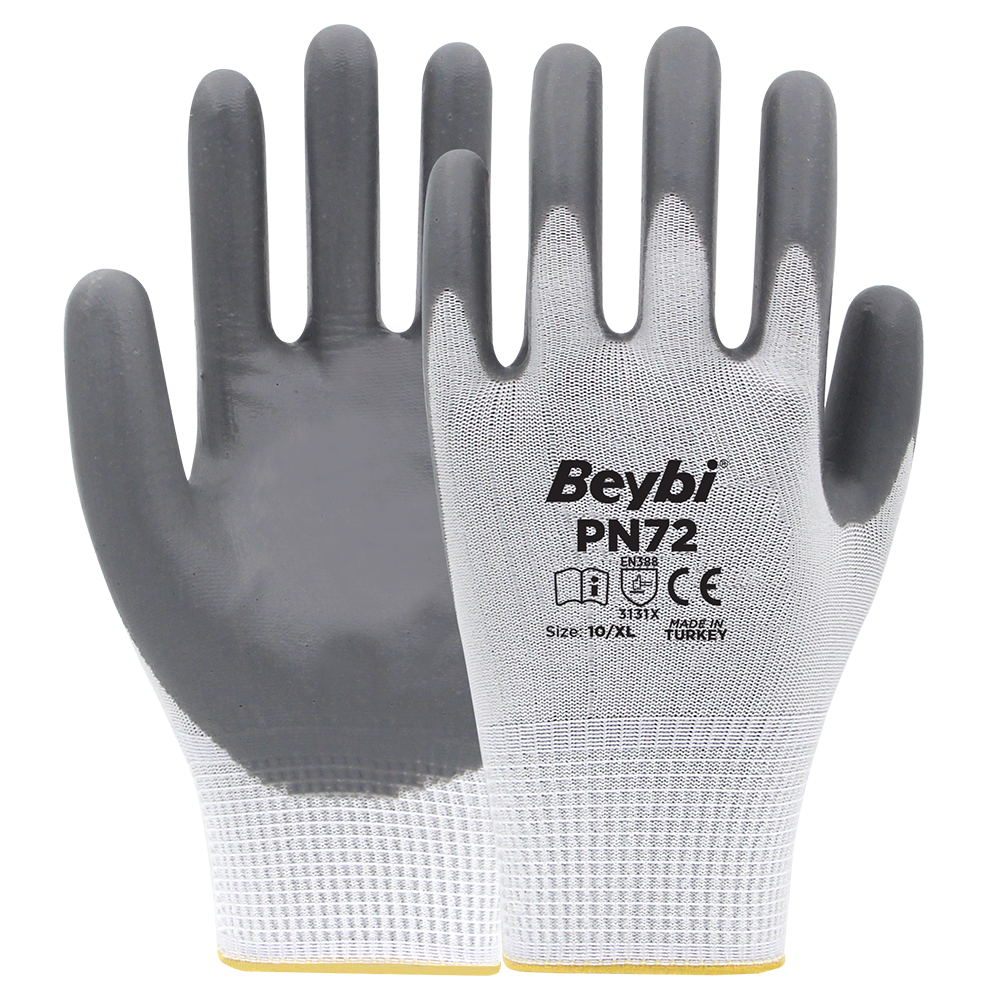 Beybi PN72 Polyester Örme Nitril Eldiven NO: 9 - Çift - Beyaz\Gri