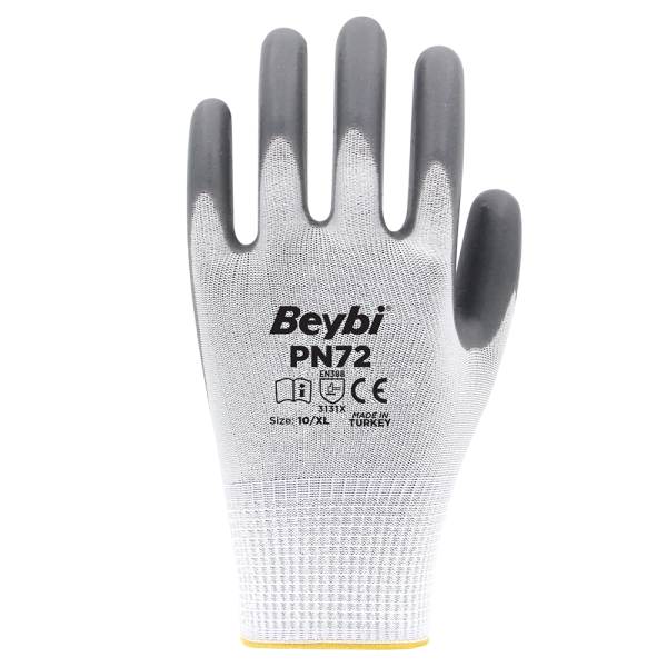 Beybi PN72 Polyester Örme Nitril Eldiven NO: 9 - Çift - Beyaz\Gri