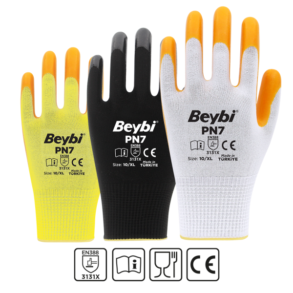 PN7 Polyester Örme Nitril Eldiven NO: 7 - Koli - Sarı \ Sarı