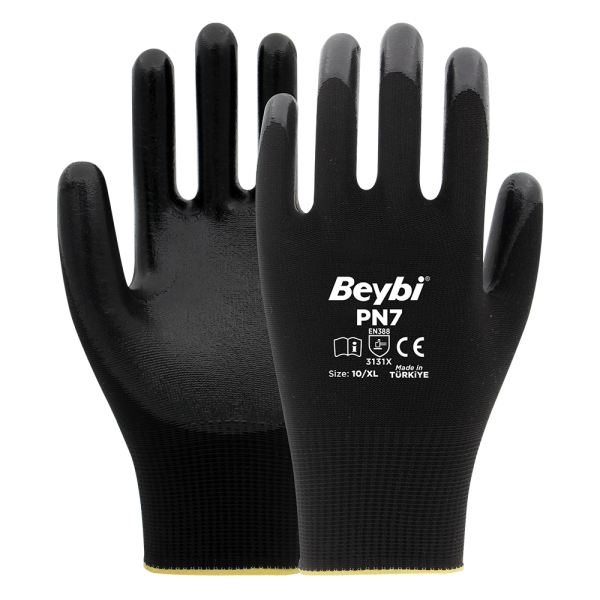Beybi PN7 Polyester Örme Nitril Eldiven NO: 10 - Çift - Beyaz\Sarı