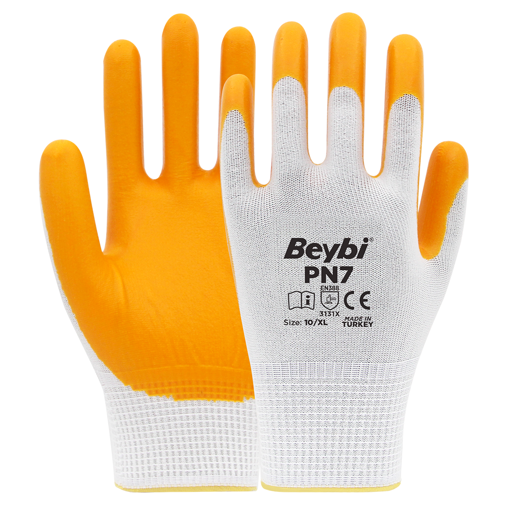 PN7 Polyester Örme Nitril Eldiven NO: 7 - Koli - Sarı \ Sarı