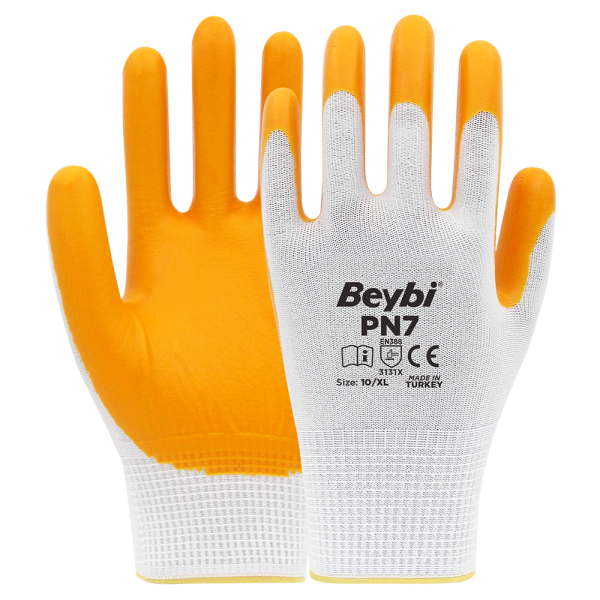 PN7 Polyester Örme Nitril Eldiven NO: 7 - Koli - Sarı \ Sarı