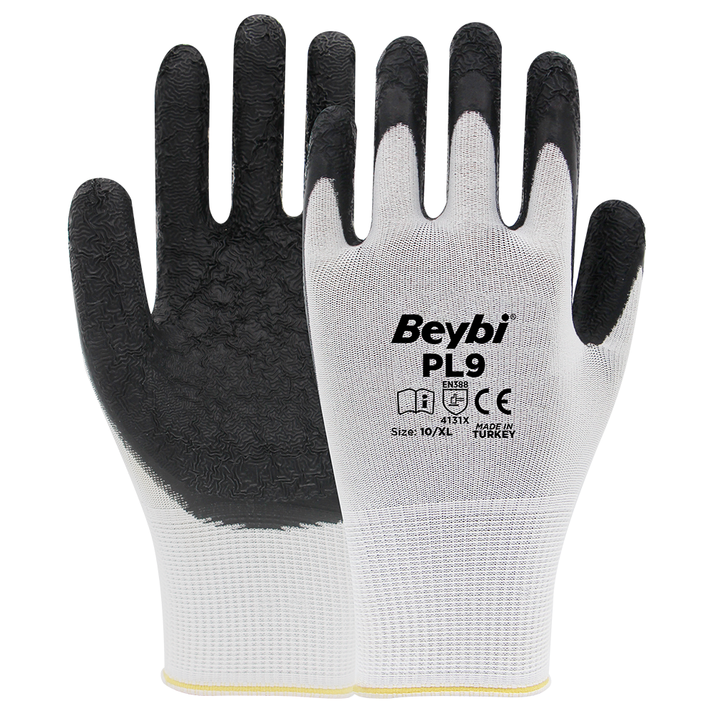 Beybi PL9 Polyester Örme Lateks Eldiven NO: 9 - Çift - Beyaz\Siyah