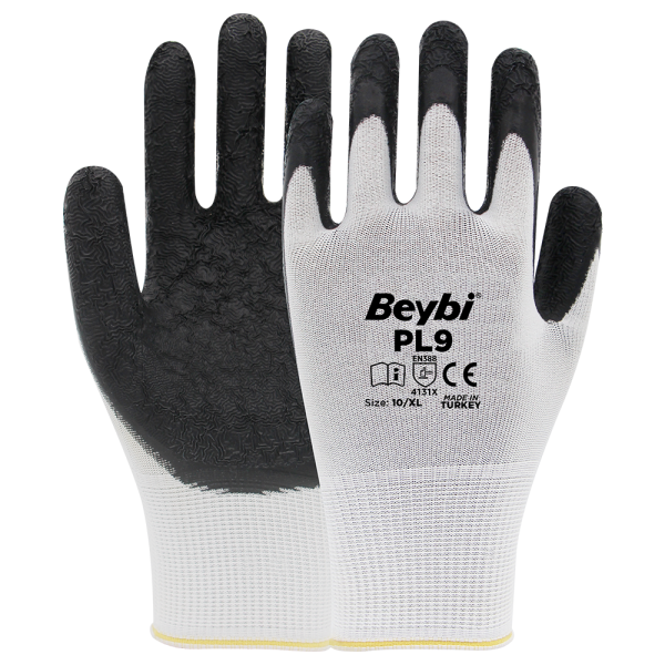 PL9 Polyester Örme Lateks Eldiven NO: 10 - Çift - Beyaz\Siyah