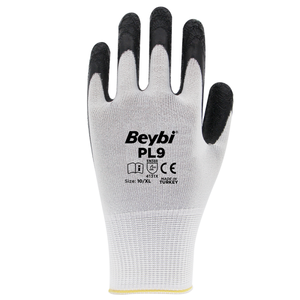 Beybi PL9 Polyester Örme Lateks Eldiven NO: 10 - Koli - Beyaz\Siyah