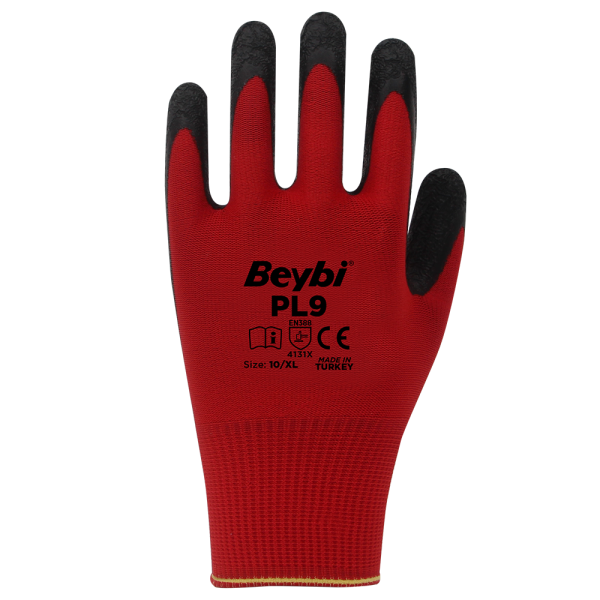 Beybi PL9 Polyester Örme Lateks Eldiven NO: 9 - Çift - Beyaz\Siyah
