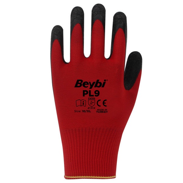 Beybi PL9 Polyester Örme Lateks Eldiven NO: 9 - Çift - Kırmızı\Siyah