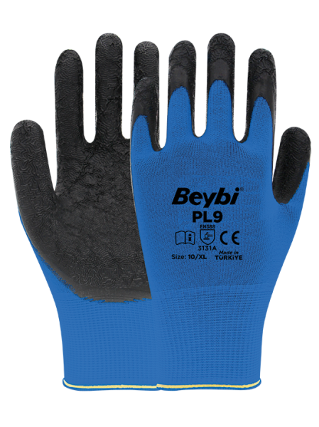 Beybi PL9 Polyester Örme Lateks Eldiven NO: 9 - Çift - Beyaz\Siyah