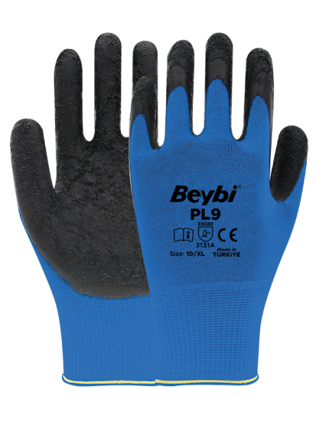 Beybi PL9 Polyester Örme Lateks Eldiven NO: 10 - Koli - Mavi\Siyah