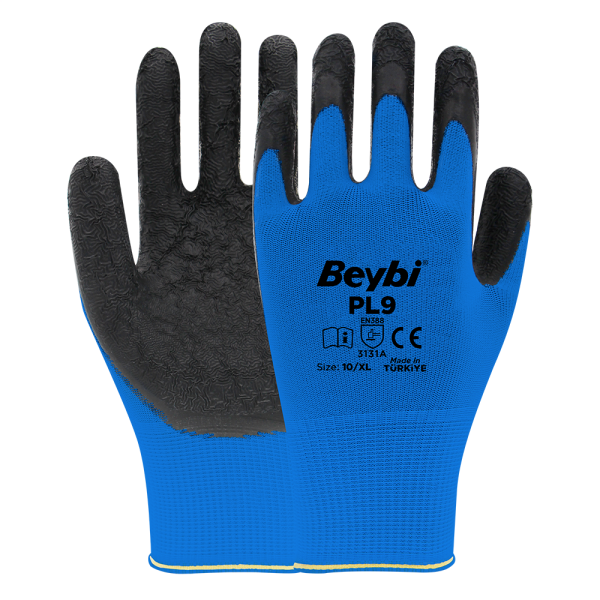 Beybi PL9 Polyester Örme Lateks Eldiven NO: 10 - Koli - Mavi\Siyah