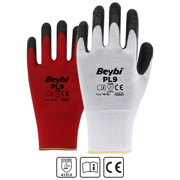 Beybi PL9 Polyester Örme Lateks Eldiven NO: 9 - Çift - Beyaz\Siyah