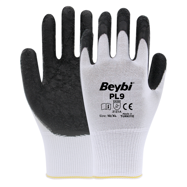 Beybi PL9 Polyester Örme Lateks Eldiven NO: 9 - Çift - Mavi\Siyah