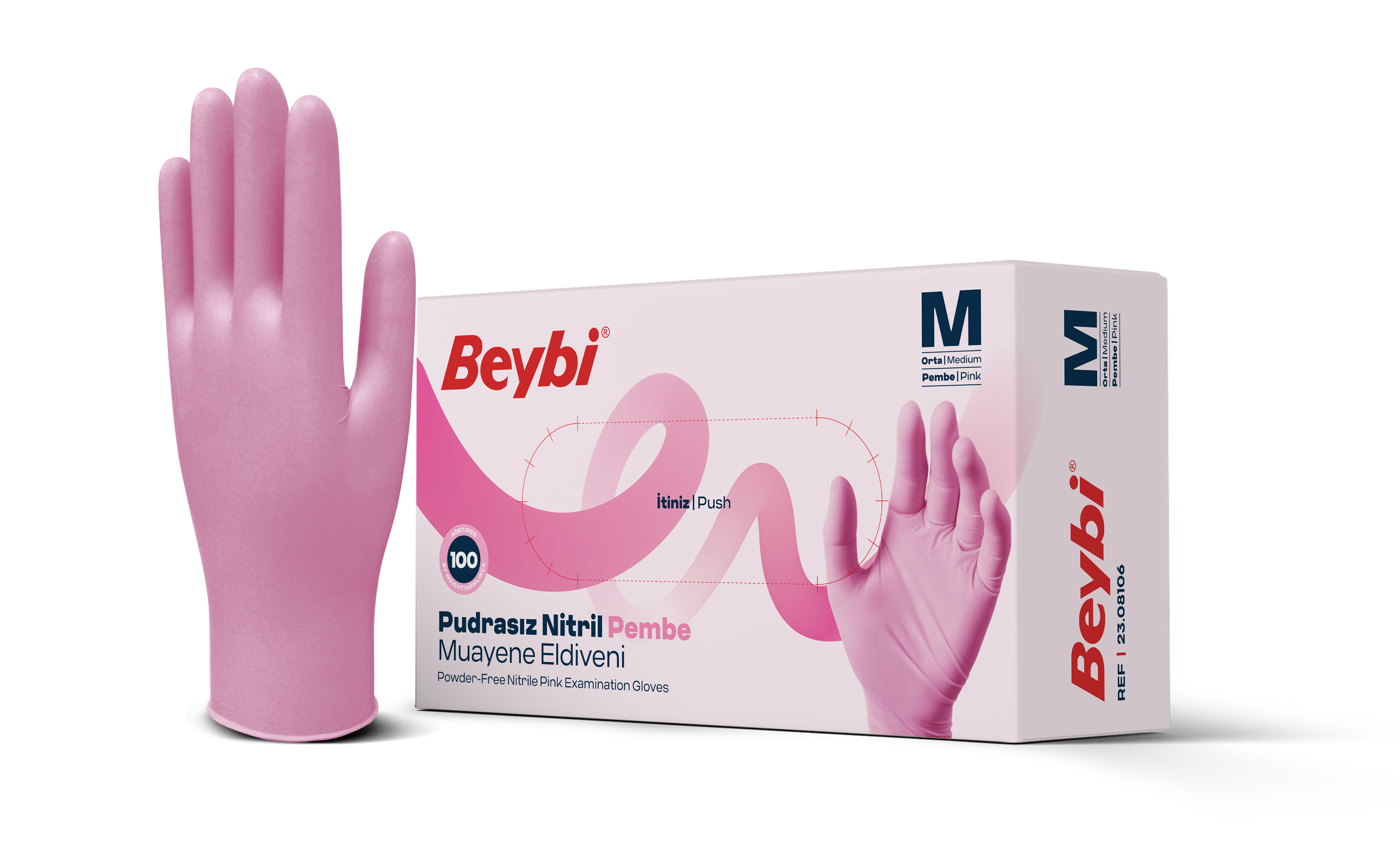 Beybi Pudrasız Pembe Nitril Muayene Eldiveni - 100'lük Kutu