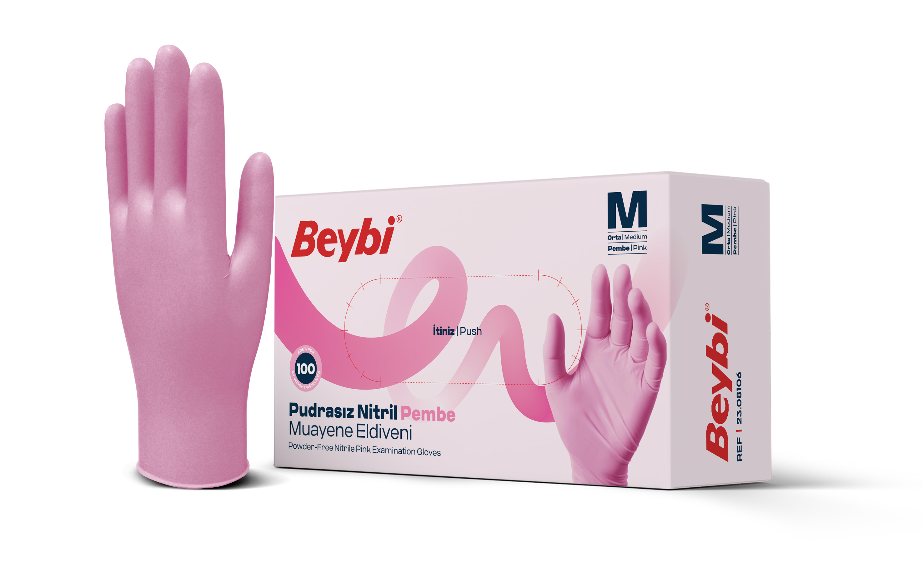 Beybi Pudrasız Pembe Nitril Muayene Eldiveni - 100'lük Kutu