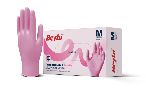 Beybi Pudrasız Pembe Nitril Muayene Eldiveni - 100'lük Kutu