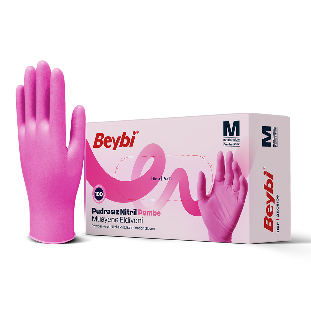 Beybi Pudrasız Pembe Nitril Muayene Eldiveni - 100'lük Kutu