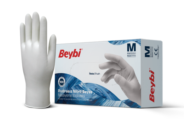 Beybi Pudrasız Beyaz Nitril Muayene Eldiveni - 100'lük Kutu
