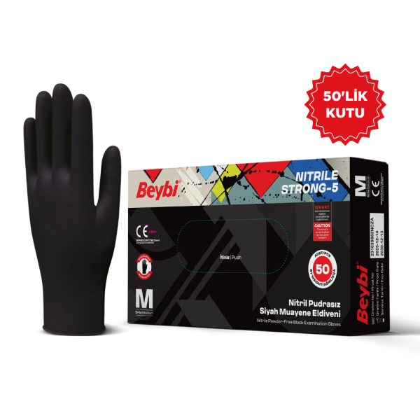 Beybi Strong-5 Pudrasız Siyah Nitril Muayene Eldiveni - 50'lik Kutu