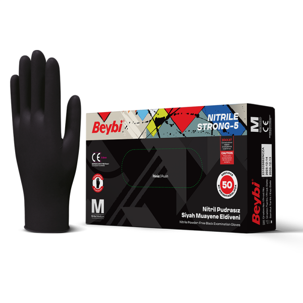 Beybi Strong-5 Pudrasız Siyah Nitril Muayene Eldiveni - 50'lik Kutu
