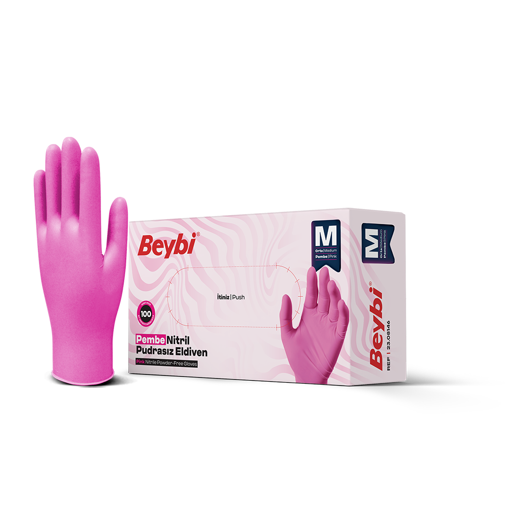 Beybi Pudrasız Pembe Nitril Eldiven - 100'lük Kutu
