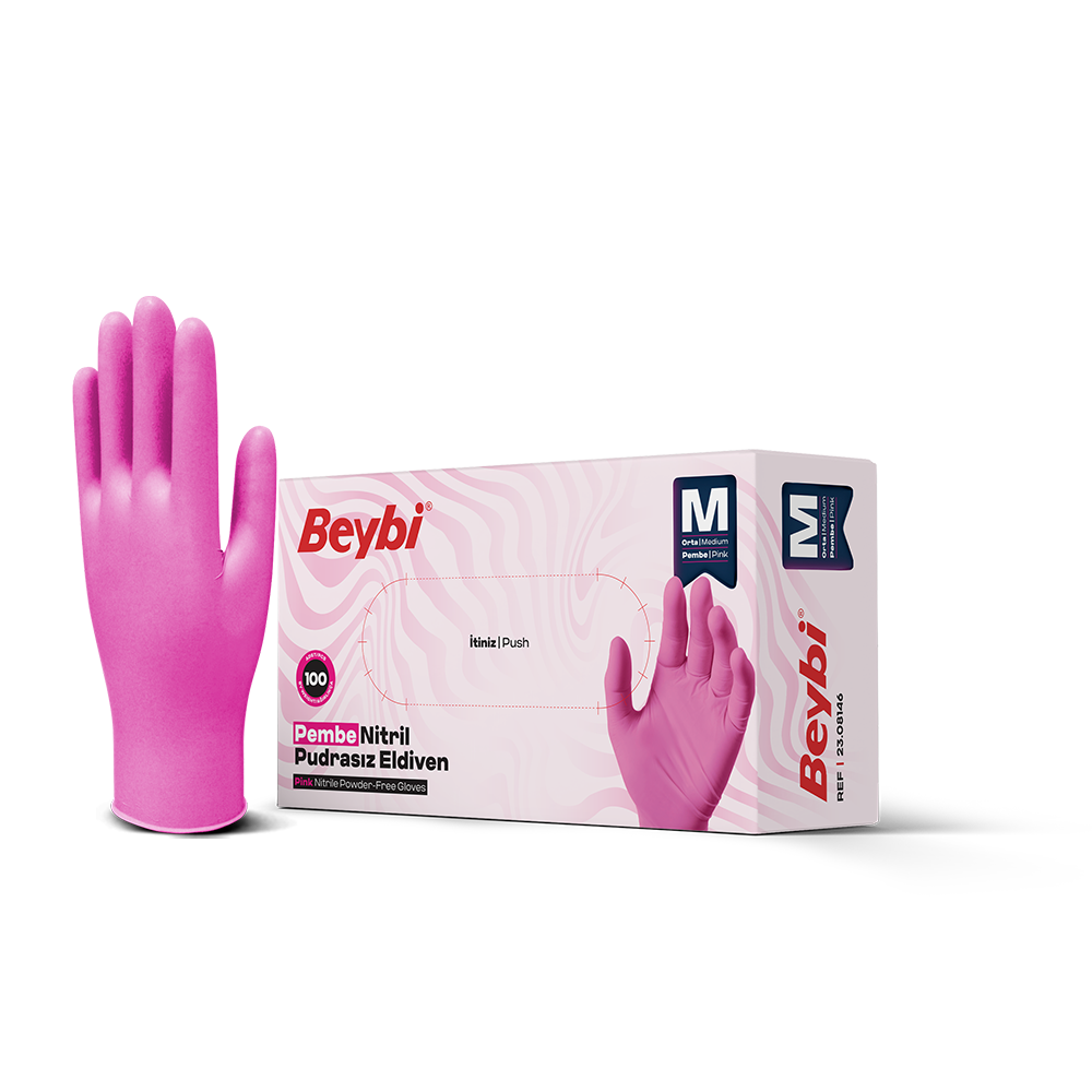 Beybi Pudrasız Pembe Nitril Eldiven - 100'lük Kutu