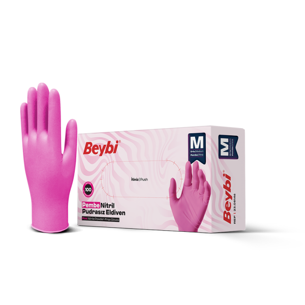 Beybi Pudrasız Pembe Nitril Eldiven - 100'lük Kutu