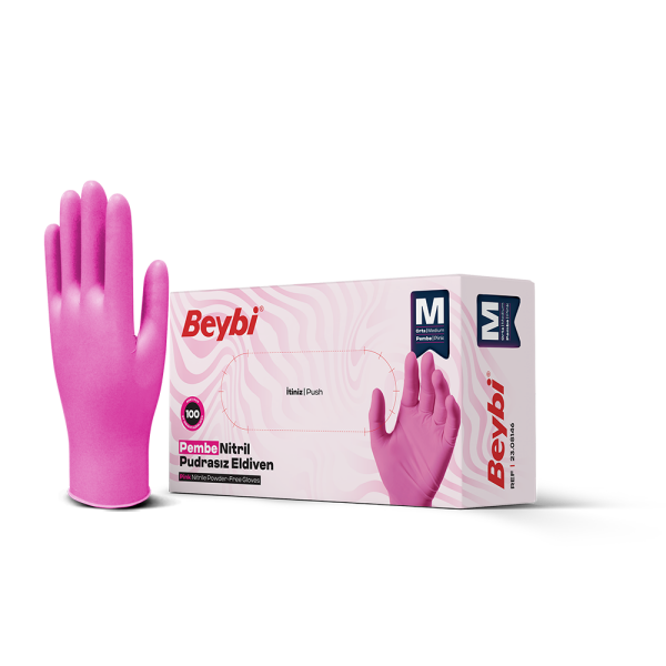 Beybi Pudrasız Pembe Nitril Eldiven - 100'lük Kutu