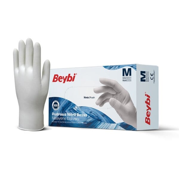 Beybi Pudrasız Beyaz Nitril Eldiven - 100'lük Kutu