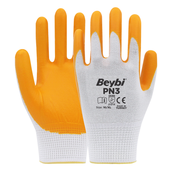 Beybi PN3 Polyester Örme Nitril Eldiven NO: 10 - Beyaz\Sarı - Çift
