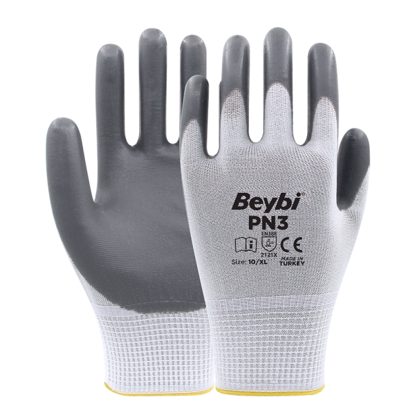 Beybi PN3 Polyester Örme Nitril Eldiven NO: 10 - Beyaz\Sarı - Çift