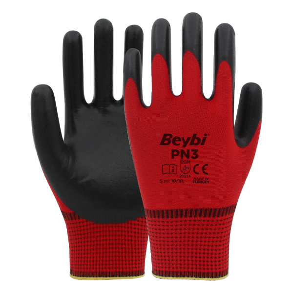 Beybi PN3 Polyester Örme Nitril Eldiven NO: 10 - Beyaz\Sarı - Çift