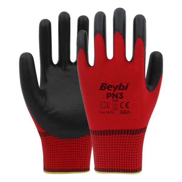 Beybi PN3 Polyester Örme Nitril Eldiven NO: 9 - Kırmızı\Siyah - Çift