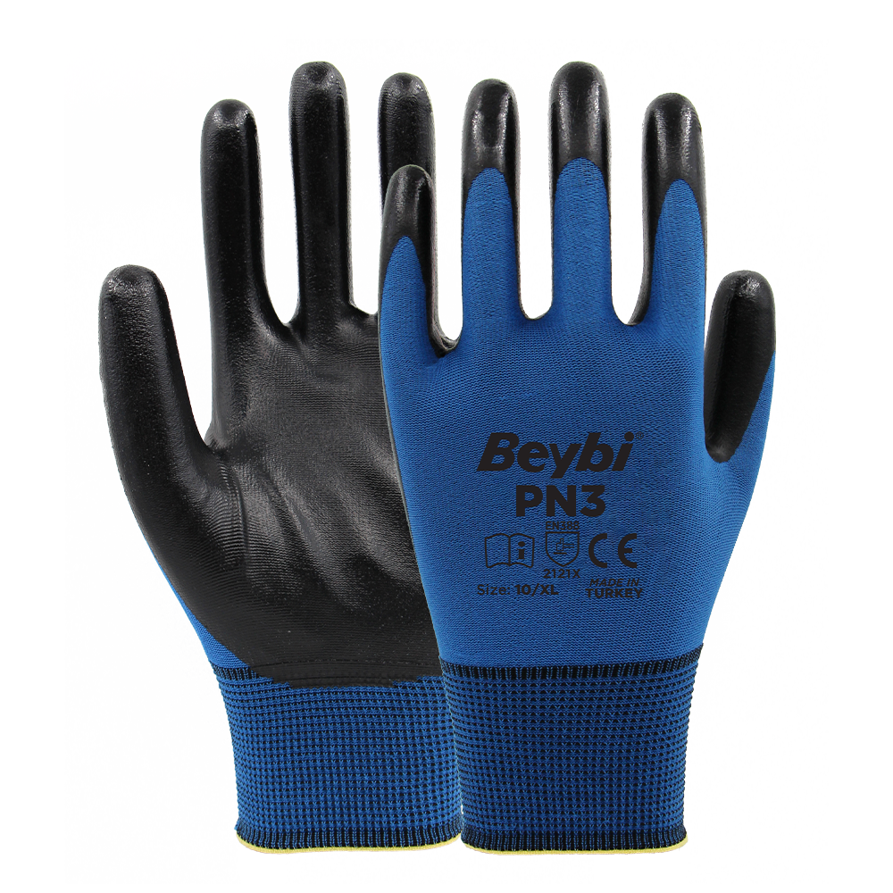 Beybi PN3 Polyester Örme Nitril Eldiven NO: 10 - Beyaz\Sarı - Çift