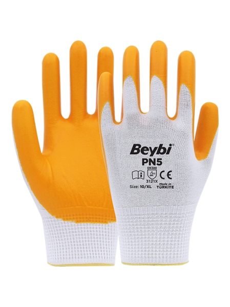 Beybi PN5 Polyester Örme Nitril Eldiven NO: 10 - Koli - Beyaz\Sarı