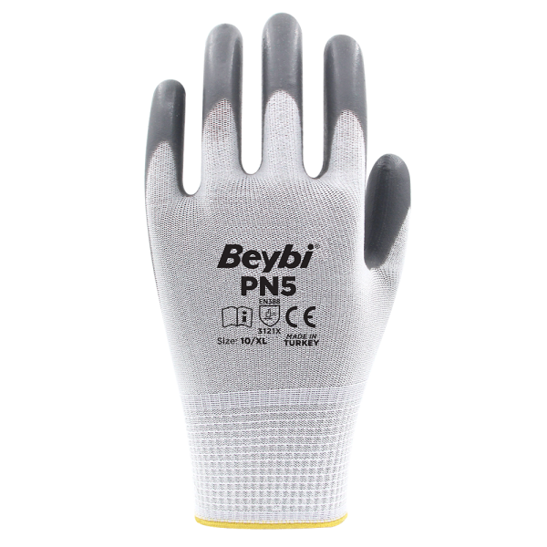 Beybi PN5 Polyester Örme Nitril Eldiven NO: 10 - Çift - Beyaz\Sarı