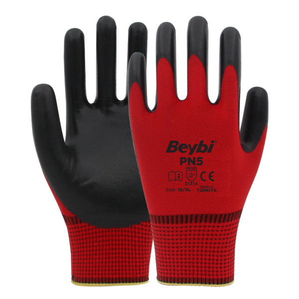 Beybi PN5 Polyester Örme Nitril Eldiven NO: 10 - Çift - Beyaz\Sarı