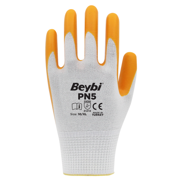 Beybi PN5 Polyester Örme Nitril Eldiven NO: 10 - Çift - Beyaz\Sarı