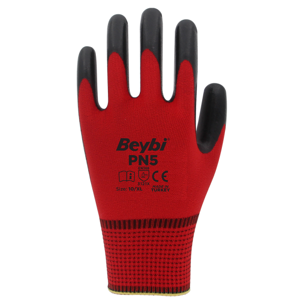 Beybi PN5 Polyester Örme Nitril Eldiven NO: 10 - Çift - Kırmızı\Siyah
