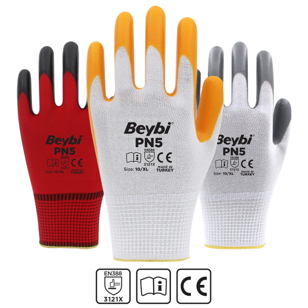 Beybi PN5 Polyester Örme Nitril Eldiven NO: 10 - Çift - Kırmızı\Siyah