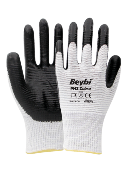 Beybi PN3 Zebra Polyester Örme Nitril Eldiven Çift - NO: 9 - Kırmızı\Siyah