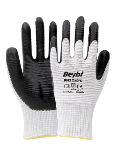 Beybi PN3 Zebra Polyester Örme Nitril Eldiven