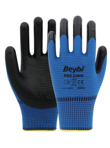 Beybi PN3 Zebra Polyester Örme Nitril Eldiven Çift - NO: 9 - Kırmızı\Siyah